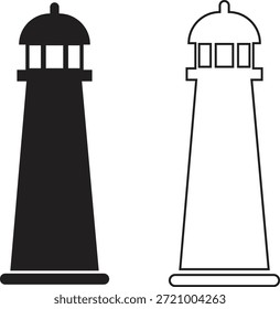 Ícone de farol definido em estilos de plano e contorno. Coleção de torre de farol costeiro de vetores e grupo para navegação marítima, segurança marítima, orientação portuária, viagem náutica e desenho do oceano ilustração.