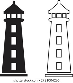 Ícone de farol definido em estilos de plano e contorno. Coleção de torre de farol costeiro de vetores e grupo para navegação marítima, segurança marítima, orientação portuária, viagem náutica e desenho do oceano ilustração.
