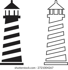 Ícone de farol definido em estilos de plano e contorno. Coleção de torre de farol costeiro de vetores e grupo para navegação marítima, segurança marítima, orientação portuária, viagem náutica e desenho do oceano ilustração.