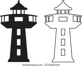 Ícone de farol definido em estilos de plano e contorno. Coleção de torre de farol costeiro de vetores e grupo para navegação marítima, segurança marítima, orientação portuária, viagem náutica e desenho do oceano ilustração.