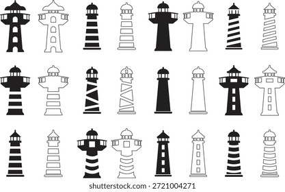 Ícone de farol definido em estilos de plano e contorno. Coleção de torre de farol costeiro de vetores e grupo para navegação marítima, segurança marítima, orientação portuária, viagem náutica e desenho do oceano ilustração.