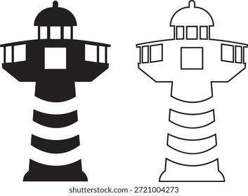 Ícone de farol definido em estilos de plano e contorno. Coleção de torre de farol costeiro de vetores e grupo para navegação marítima, segurança marítima, orientação portuária, viagem náutica e desenho do oceano ilustração.