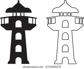 Ícone de farol definido em estilos de plano e contorno. Coleção de torre de farol costeiro de vetores e grupo para navegação marítima, segurança marítima, orientação portuária, viagem náutica e desenho do oceano ilustração.