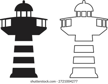 Ícone de farol definido em estilos de plano e contorno. Coleção de torre de farol costeiro de vetores e grupo para navegação marítima, segurança marítima, orientação portuária, viagem náutica e desenho do oceano ilustração.