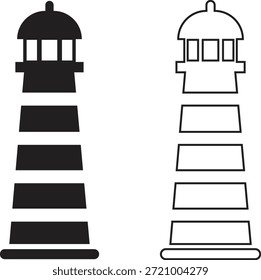 Ícone de farol definido em estilos de plano e contorno. Coleção de torre de farol costeiro de vetores e grupo para navegação marítima, segurança marítima, orientação portuária, viagem náutica e desenho do oceano ilustração.