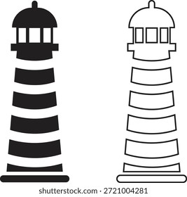 Ícone de farol definido em estilos de plano e contorno. Coleção de torre de farol costeiro de vetores e grupo para navegação marítima, segurança marítima, orientação portuária, viagem náutica e desenho do oceano ilustração.