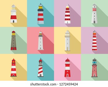 Lighthouse icon set. Flat set of lighthouse vector icons for web design