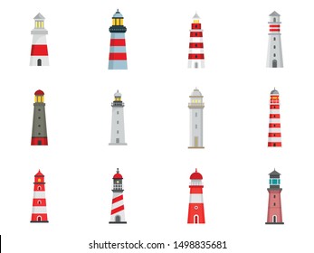 Lighthouse icon set. Flat set of lighthouse vector icons for web design