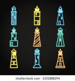 Lighthouse icon set in glowing neon style