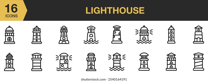 Lighthouse icon set. Includes lighthouse line icons, and More. Outline icons vector collection.