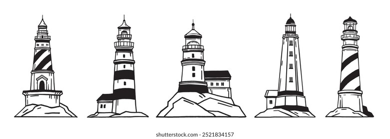 Conjunto de iconos de faro, colección de mar de torre de navegación, ilustración de construcción de costa de océano de Vector. Kit de pegatina de lámpara náutica, logotipo marino negro, símbolo de viaje de arquitectura. Icono de faro de línea