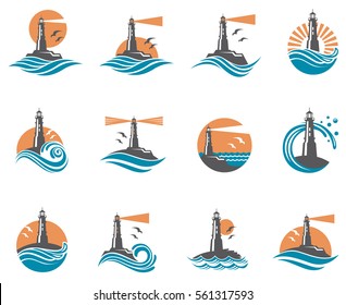 lighthouse icon set with ocean waves and seagulls. Vector illustration