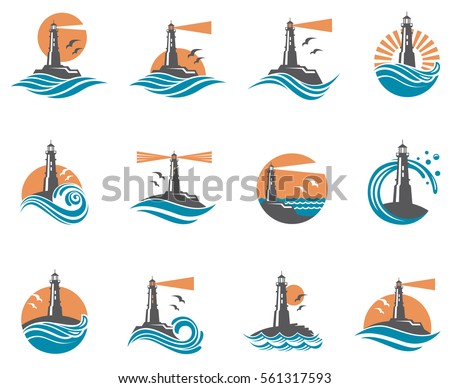 lighthouse icon set with ocean waves and seagulls. Vector illustration