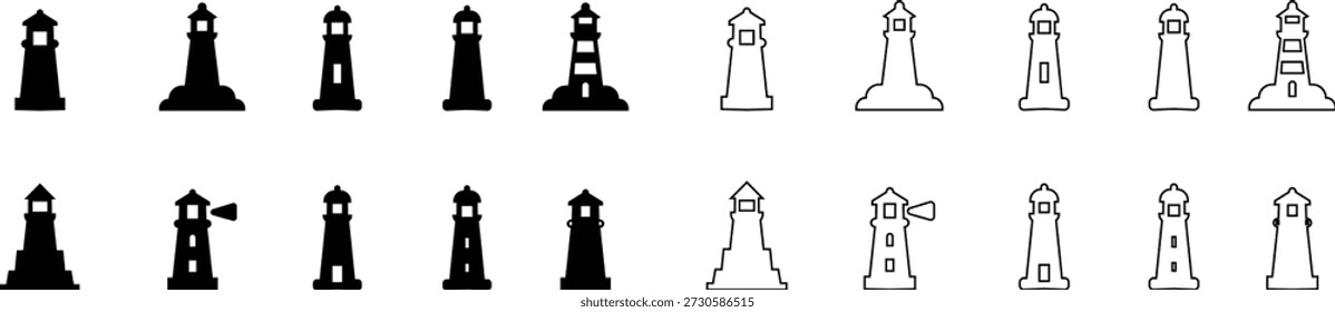 Lighthouse icon set, representing coastal navigation and maritime safety. nautical shore base coastal Ideal for sea travel, coastal design, tourism branding, apps, web interfaces, and infographics.