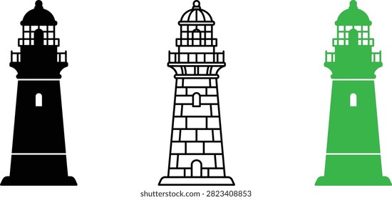 Lighthouse Icon Set – Solid and Outline Style Vector Illustration in Black and Green, Maritime Navigation, Coastal Beacon, Guidance, Safety and Direction Concept