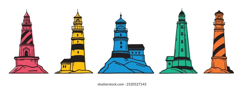Lighthouse icon set, vector sea navigation tower collection, ocean seashore building illustration. Nautical lamp sticker kit, colorful marine logotype, architecture travel symbol. Line lighthouse icon