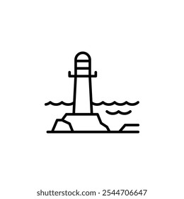 Icono de faro. Arte lineal simple de un faro y un edificio adyacente, ideal para la navegación marina, costera y diseños con temática costera. Ilustración vectorial