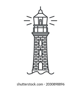 Lighthouse icon. A simple line drawing of a coastal structure that serves as a reference point for ships. Building frame made of exposed masonry. Vector.