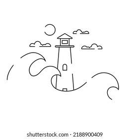 Lighthouse icon in stormy sea with sun and clouds in the sky for web designs and sites. Isolated illustration on white background in one line style