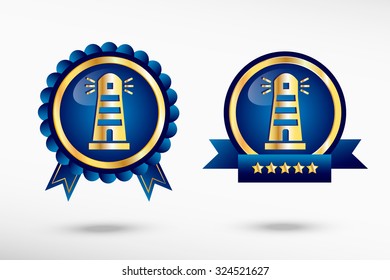 Lighthouse icon stylish quality guarantee badges. Blue colorful promotional labels