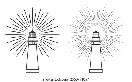 Conjunto de formas de símbolo de ícone de farol. Coleção de sinais de logotipo de casa leve. Luz de navegação Shore. Ilustração da silhueta do vetor. Isolado no fundo branco.