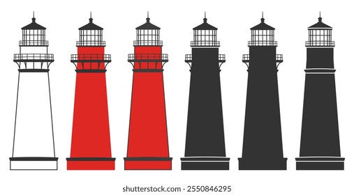 Conjunto de formas de símbolo de ícone de farol. Coleção de sinais de logotipo de casa leve. Luz de navegação Shore. Ilustração da silhueta do vetor. Isolado no fundo branco.