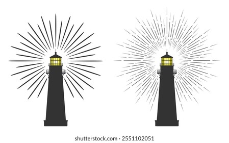 Conjunto de formas de símbolo de ícone de farol. Coleção de sinais de logotipo de casa leve. Luz de navegação Shore. Ilustração da silhueta do vetor. Isolado no fundo branco.