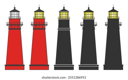 Conjunto de formas de símbolo de ícone de farol. Coleção de sinais de logotipo de casa leve. Luz de navegação Shore. Ilustração da silhueta do vetor. Isolado no fundo branco.