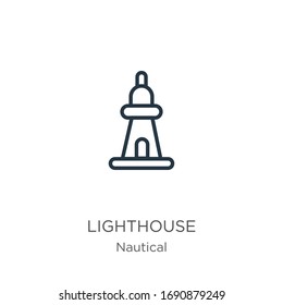 Lighthouse icon. Thin linear lighthouse outline icon isolated on white background from nautical collection. Line vector sign, symbol for web and mobile