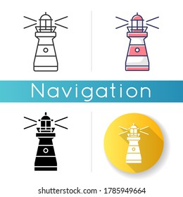 Lighthouse icon. Traditional maritime navigational landmark. Linear black and RGB color styles. Warning sign for sailors. Tall building with bright searchlight isolated vector illustrations