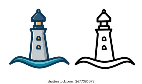 Um ícone de farol com duas variações de design em estilos coloridos e de contorno representando navegação costeira, segurança marítima, sinal marinho e recursos gráficos náuticos