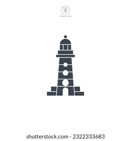 Lighthouse icon vector shows a stylized beacon, signifying navigation, safety, maritime guidance, coastline, and sea exploration