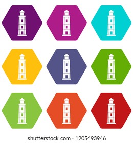 Lighthouse icons 9 set coloful isolated on white for web
