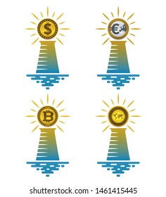 Lighthouse icons with coins on white background. Financial and nautical concept design.