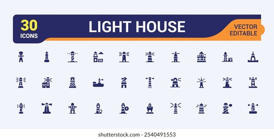 Lighthouse icons in filled style. Containing silhouette, island, nautical, sailing, signal, landmark, art and more. Pixel perfect. Vector illustration.