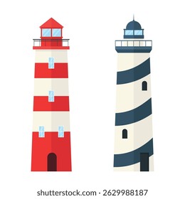 Lighthouse icons with navigation towers on white background. Coastal lighthouses.