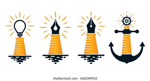 Lighthouse icons with pen nib with bulb and ship wheel on white background. Creative idea icons.