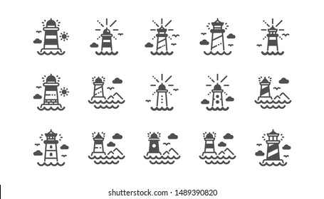 Lighthouse icons. Searchlight tower with seagull for marine navigation of ships. Sea pharos, lighthouse or beacon icons. Classic set. Quality set. Vector