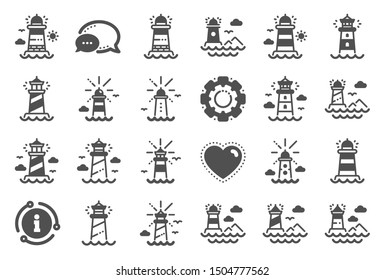 Lighthouse icons. Searchlight tower with seagull for marine navigation of ships. Sea pharos, lighthouse or beacon icons. Ocean waves, nautical building, marine house. Quality set. Vector