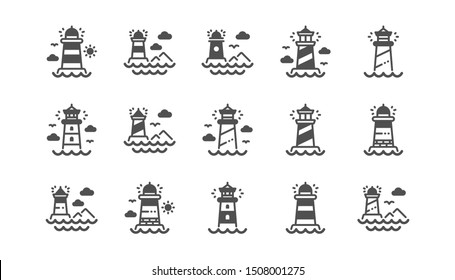 Lighthouse icons. Searchlight tower with seagull for marine navigation of ships. Sea pharos, lighthouse or beacon icons. Classic set. Quality set. Vector