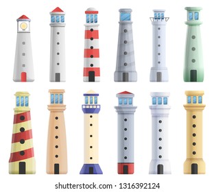 Lighthouse icons set. Cartoon set of lighthouse vector icons for web design