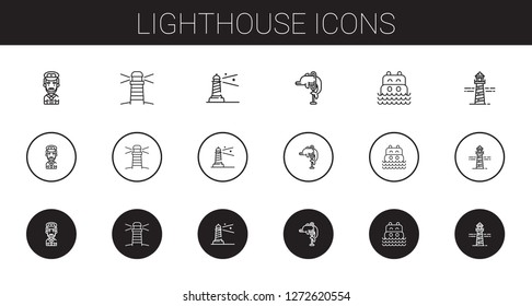 lighthouse icons set. Collection of lighthouse with captain, dolphin, sea. Editable and scalable lighthouse icons.
