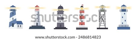 Lighthouse icons set. Collection of Lighthouses for navigation. Beacon icons set. 