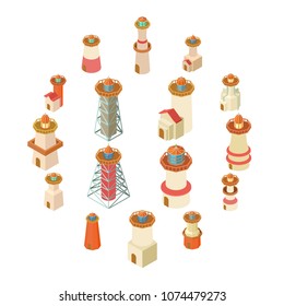 Lighthouse icons set. Isometric illustration of 16 lighthouse vector icons for web
