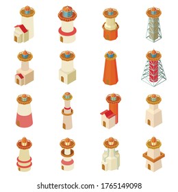 Lighthouse icons set. Isometric illustration of 16 lighthouse vector icons for web