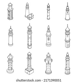 Lighthouse icons set. Isometric set of lighthouse vector icons outline isolated on white background