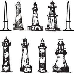 Lighthouse Icons Set. Outline Set Of Lighthouse Vector Icons For Web Design Isolated On White Background. Sketches, Doodles, Silhouettes