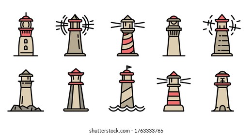 Lighthouse icons set. Outline set of lighthouse vector icons for web design isolated on white background