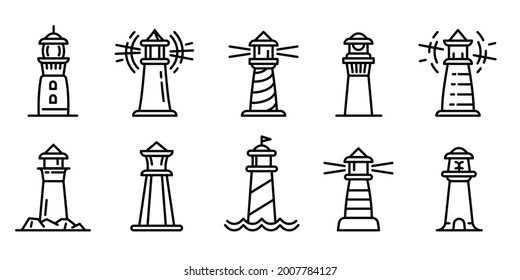 Lighthouse icons set. Outline set of lighthouse vector icons for web design isolated on white background