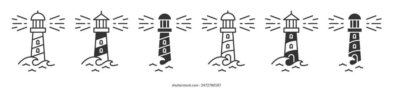 Conjunto de iconos de faro. Iconos de la torre del reflector. Navegación del faro. Balizas. Ilustración vectorial.